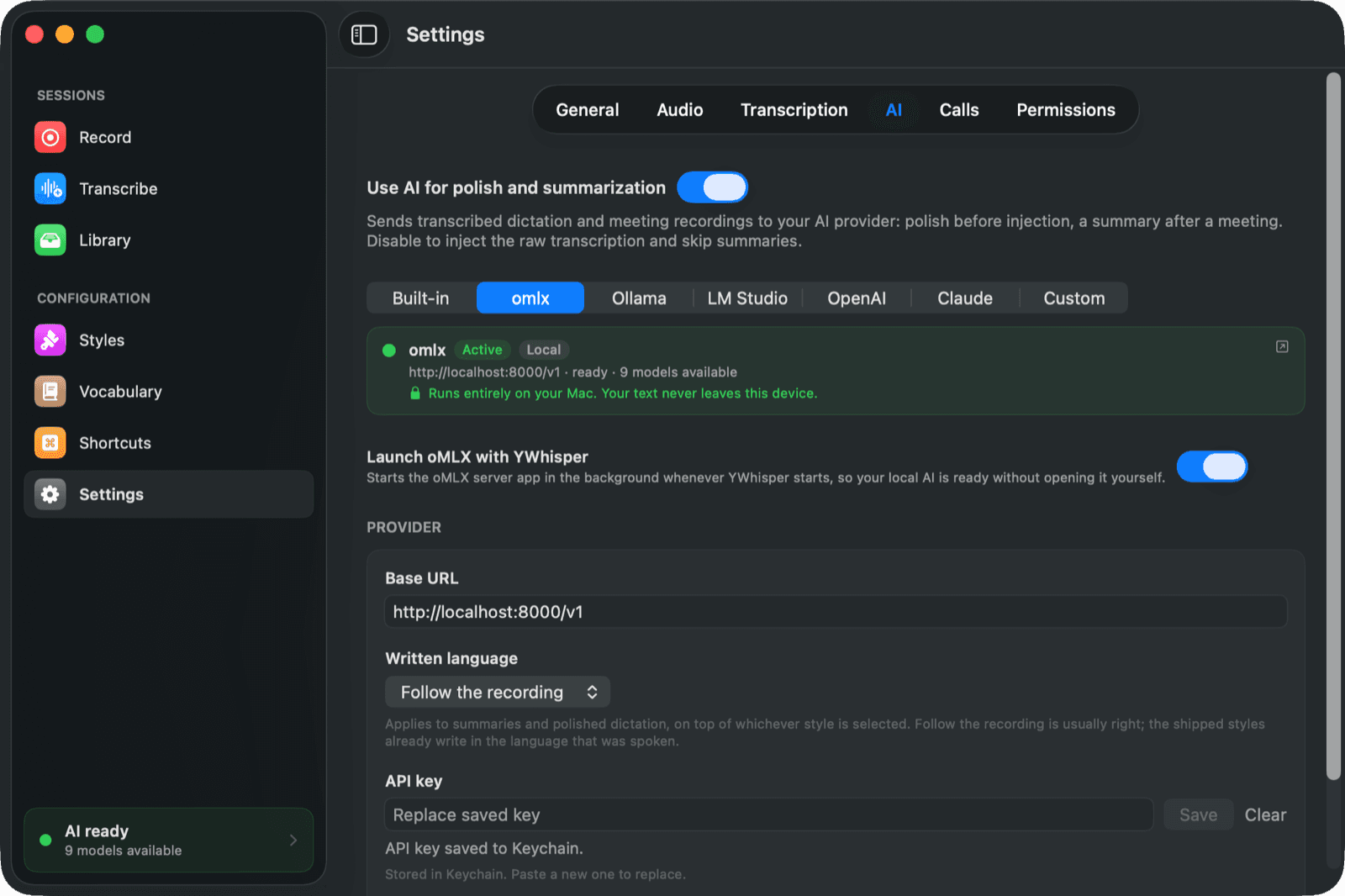YWhisper's AI settings, where you choose between a model on your own Mac or a cloud provider