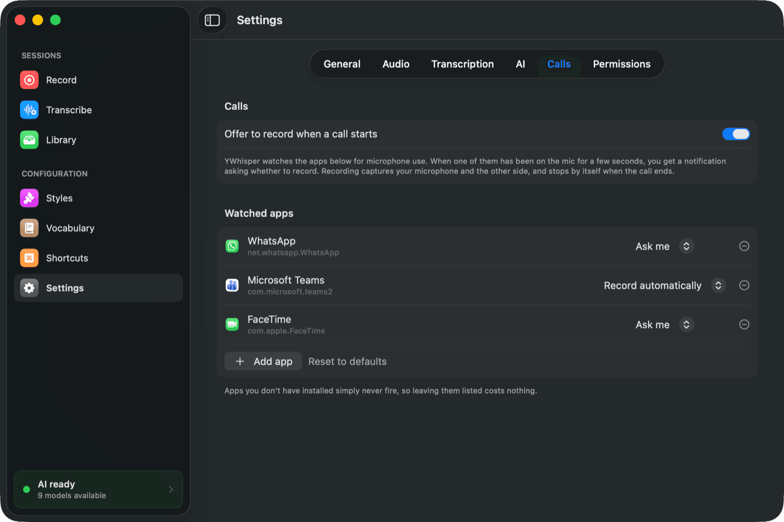 YWhisper's call settings, with watched apps set to record automatically or to ask first