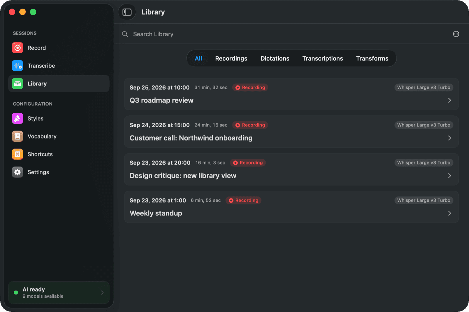 The YWhisper Library showing recorded meetings with their length, engine and title