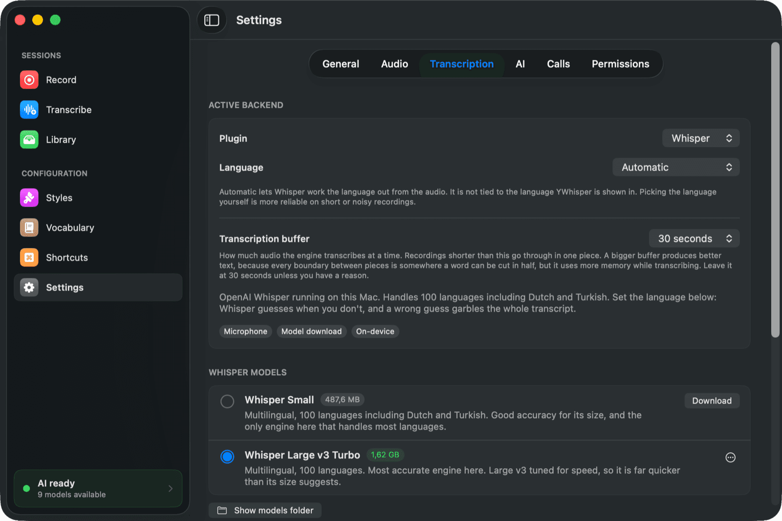 YWhisper's transcription settings showing the available speech models and their sizes