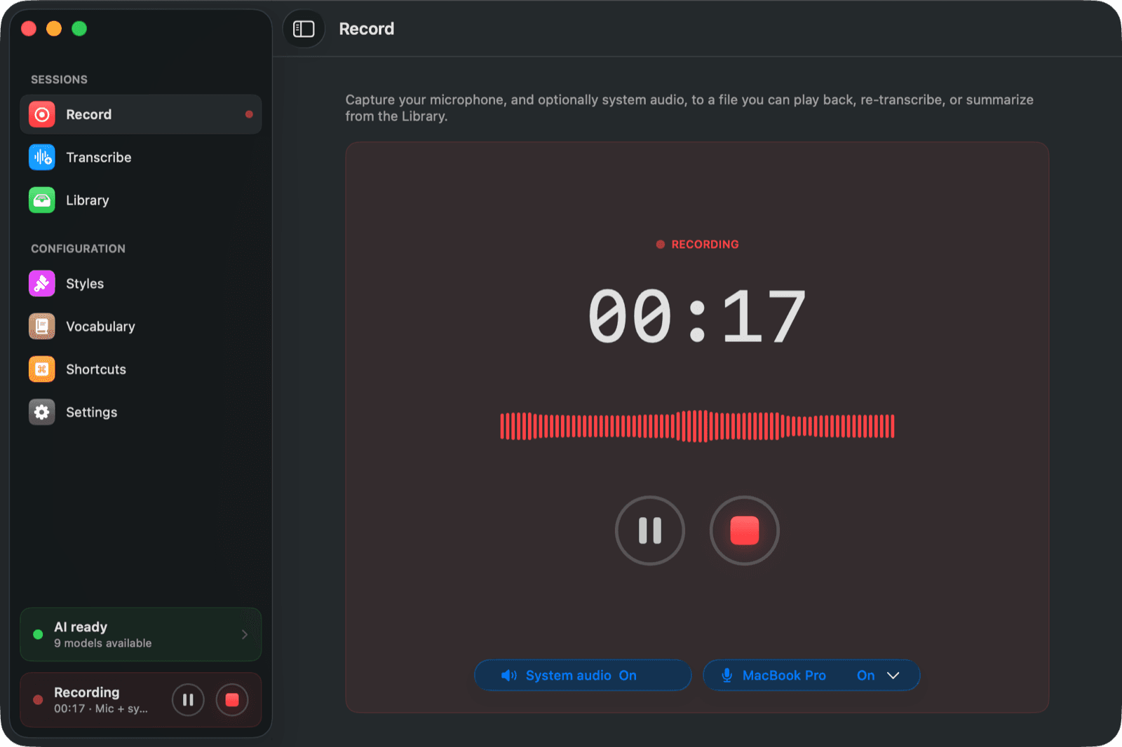 YWhisper recording, showing the elapsed time and pills for system audio and the microphone in use