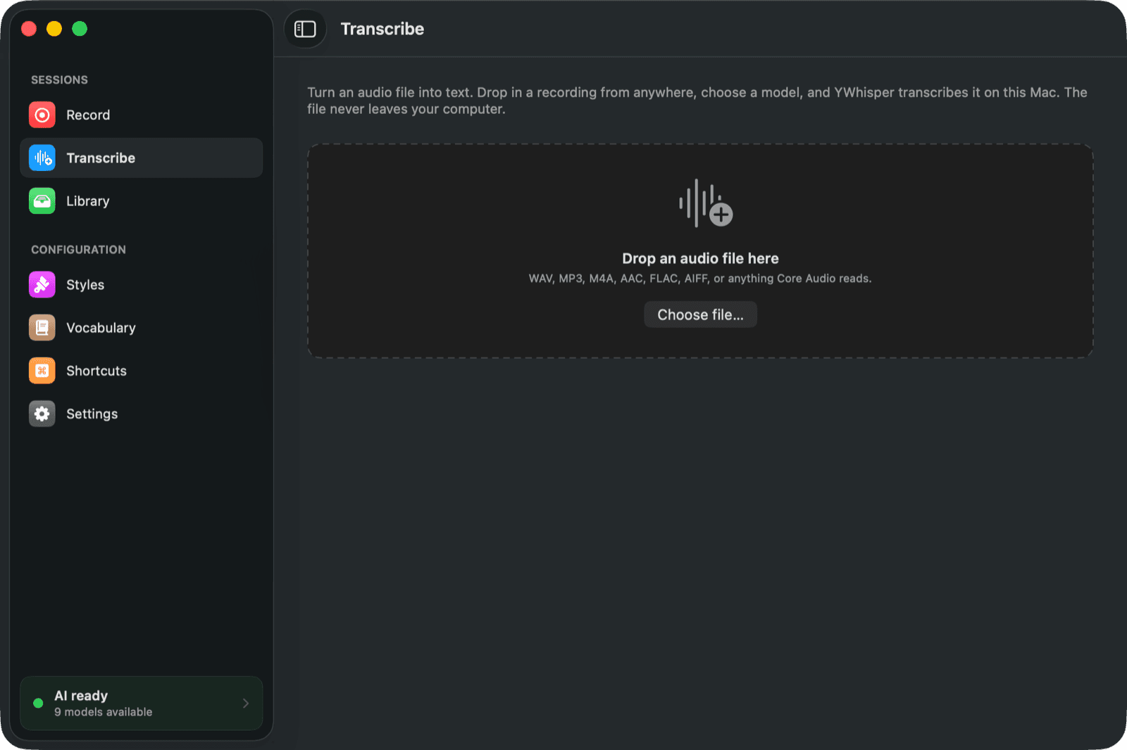 YWhisper's Transcribe tab, where an audio or video file you already have becomes text