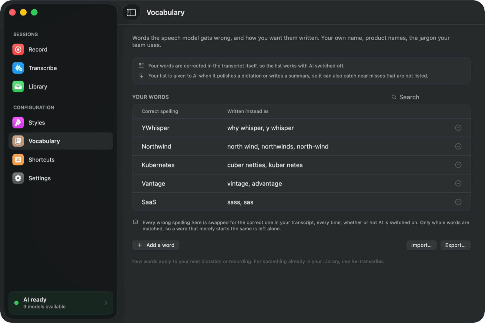 The Vocabulary page in YWhisper, listing correct spellings next to the spellings the speech model produces instead